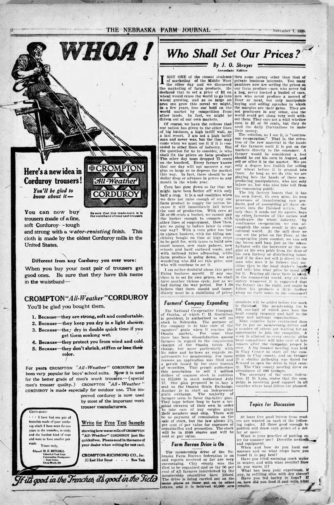 A 1920 newspaper shows an advertisement for Crompton "All-Weather" Corduroy